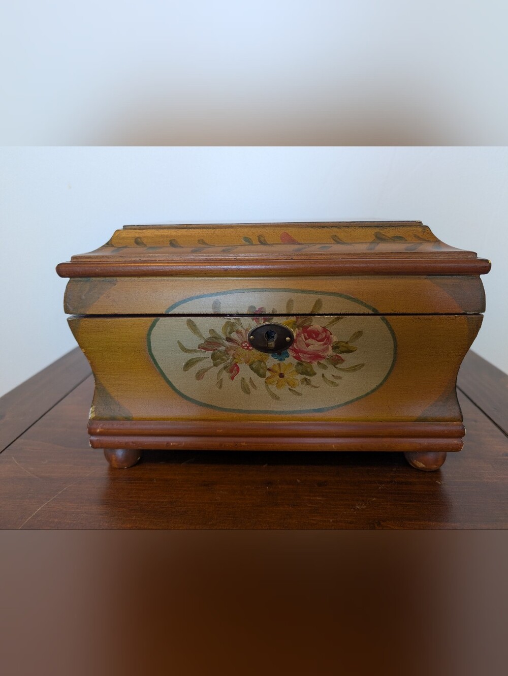 Vintage, mid-century, solid wood, hand-painted trinket box